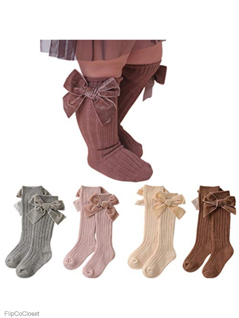 Toddler Baby Girls Knee High Cotton Socks 4 Pack Knit Stockings with Bow
